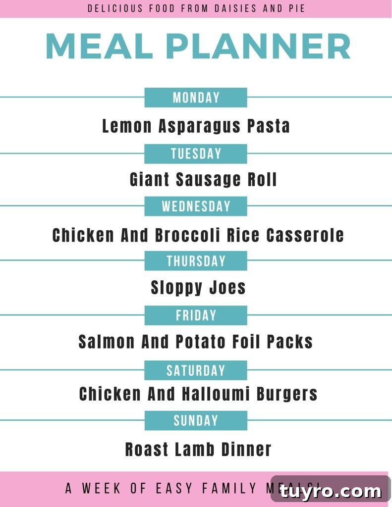 4-Week Weekly Meal Plan: Simple Dinners and Grocery List 2 weekly meal plan - days of weeks listed with meals next to each day - M - asparagus pasta, T - giant sausage roll, W - Chicken and broccoli rice casserole, T - sloppy joes, F - salmon and potato foil packs, S - chicken and halloumi burgers, S - roast lamb dinner