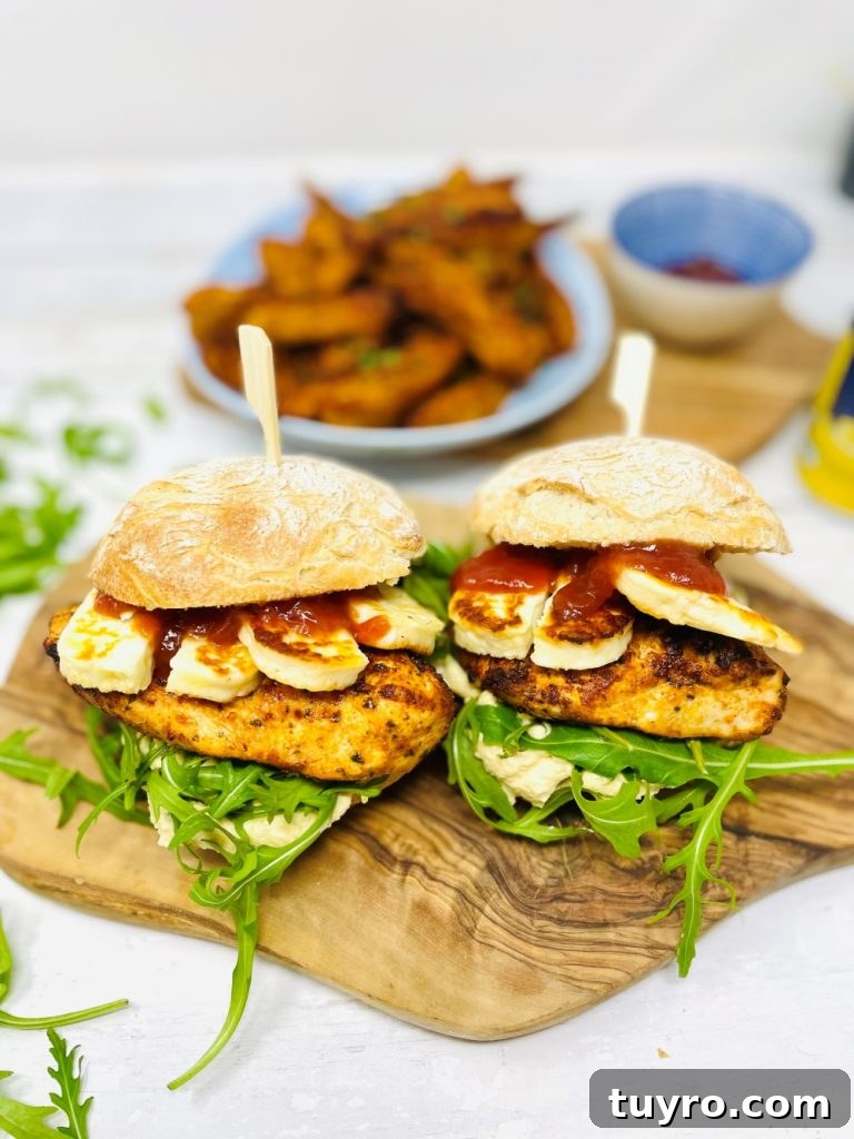 4-Week Weekly Meal Plan: Simple Dinners and Grocery List 8 chicken and halloumi burger on ciabatta rolls with rocket salad and Nando's chilli jam. Bowl of peri peri wedges in the background - family meal ideas