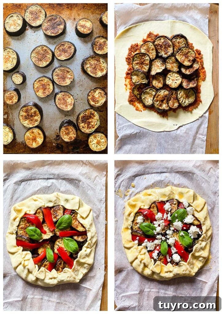 Grilled Eggplant and Roasted Red Pepper Galette 4 Four process shots of savoury galette being made