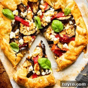 Grilled Eggplant and Roasted Red Pepper Galette 6 Top down view of galette cut into slices