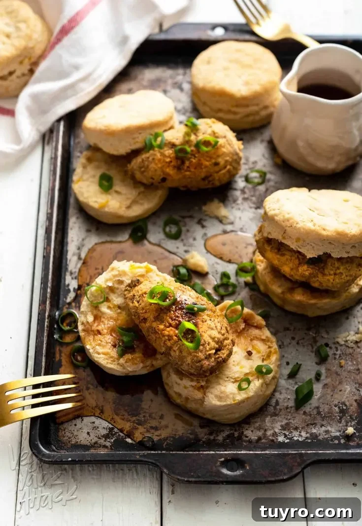 Image of vegan sourdough biscuits topped with homemade chicken wings, on a baking sheet.