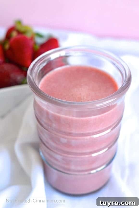 Make your own strawberry milk with real fruits and no refined sugar. Only 4 ingredients! Click to see the recipe on NotEnoughCinnamon.com