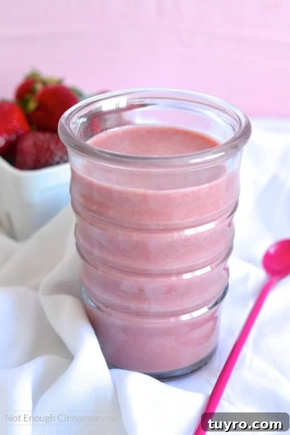 Make your own strawberry milk with real fruits and no refined sugar. Only 4 ingredients! Click to see the recipe on NotEnoughCinnamon.com