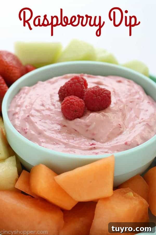 Creamy Raspberry Fruit Dip Recipe for Parties and Snacks 2 Raspberry Fruit Dip - Just 4 ingredients are needed and it is so super simple to make. Great for a summer potluck addition. #FruitDip