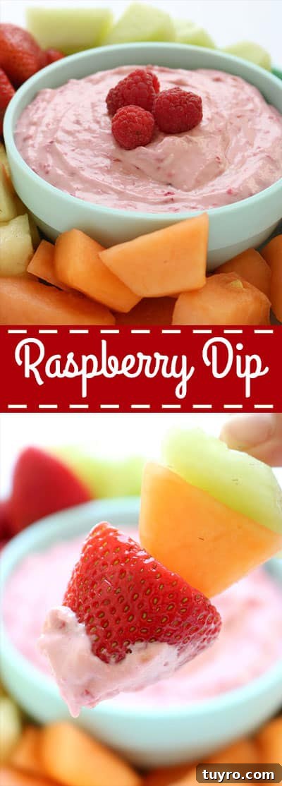 Creamy Raspberry Fruit Dip Recipe for Parties and Snacks 11 Raspberry Fruit Dip - Just 4 ingredients are needed and it is so super simple to make. Great for a summer potluck addition. #FruitDip