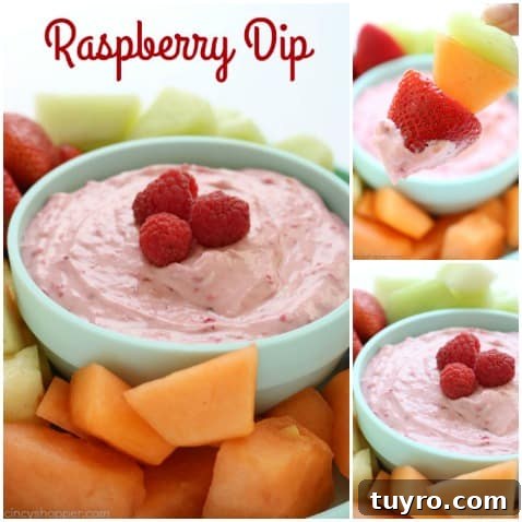 Creamy Raspberry Fruit Dip Recipe for Parties and Snacks 12 Raspberry Fruit Dip - Just 4 ingredients are needed and it is so super simple to make. Great for a summer potluck addition. #FruitDip
