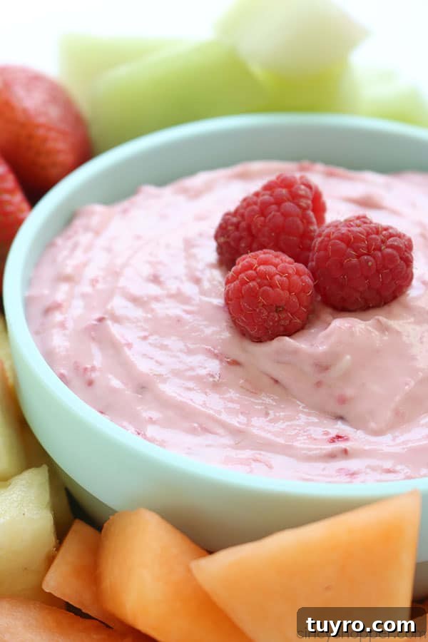 Creamy Raspberry Fruit Dip Recipe for Parties and Snacks 4 Raspberry Fruit Dip - Just 4 ingredients are needed and it is so super simple to make. Great for a summer potluck addition. #FruitDip