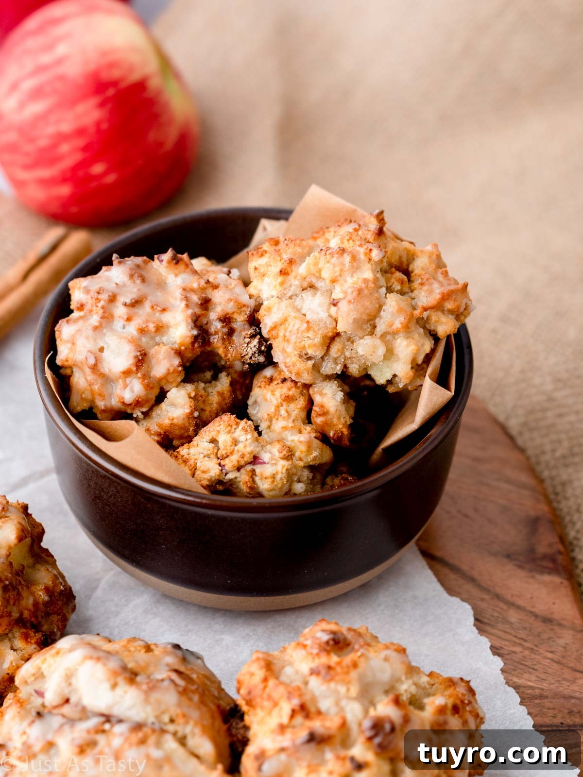 Crispy Air Fryer Apple Fritters Recipe 10 Air fryer apple fritters in a bowl.
