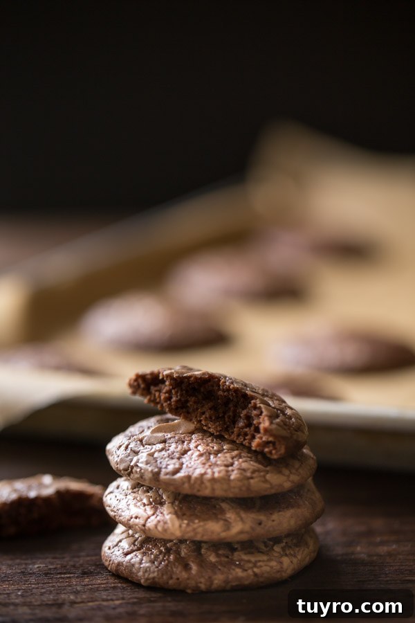 How to Make Soft, Chewy Brownie Cookies 5 A stack of three Soft and Chewy Brownie Cookies with a half of a cookie on top, and more cookies on a parchment paper lined baking sheet in the background.