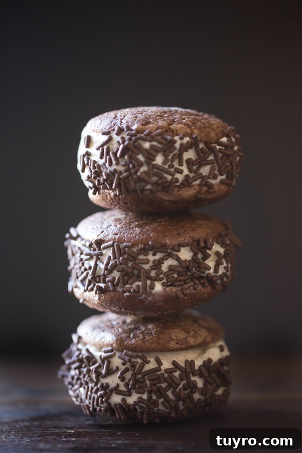 How to Make Soft, Chewy Brownie Cookies 8 Three Brownie Cookie Ice Cream Sandwiches with chocolate sprinkles stacked on top of each other.