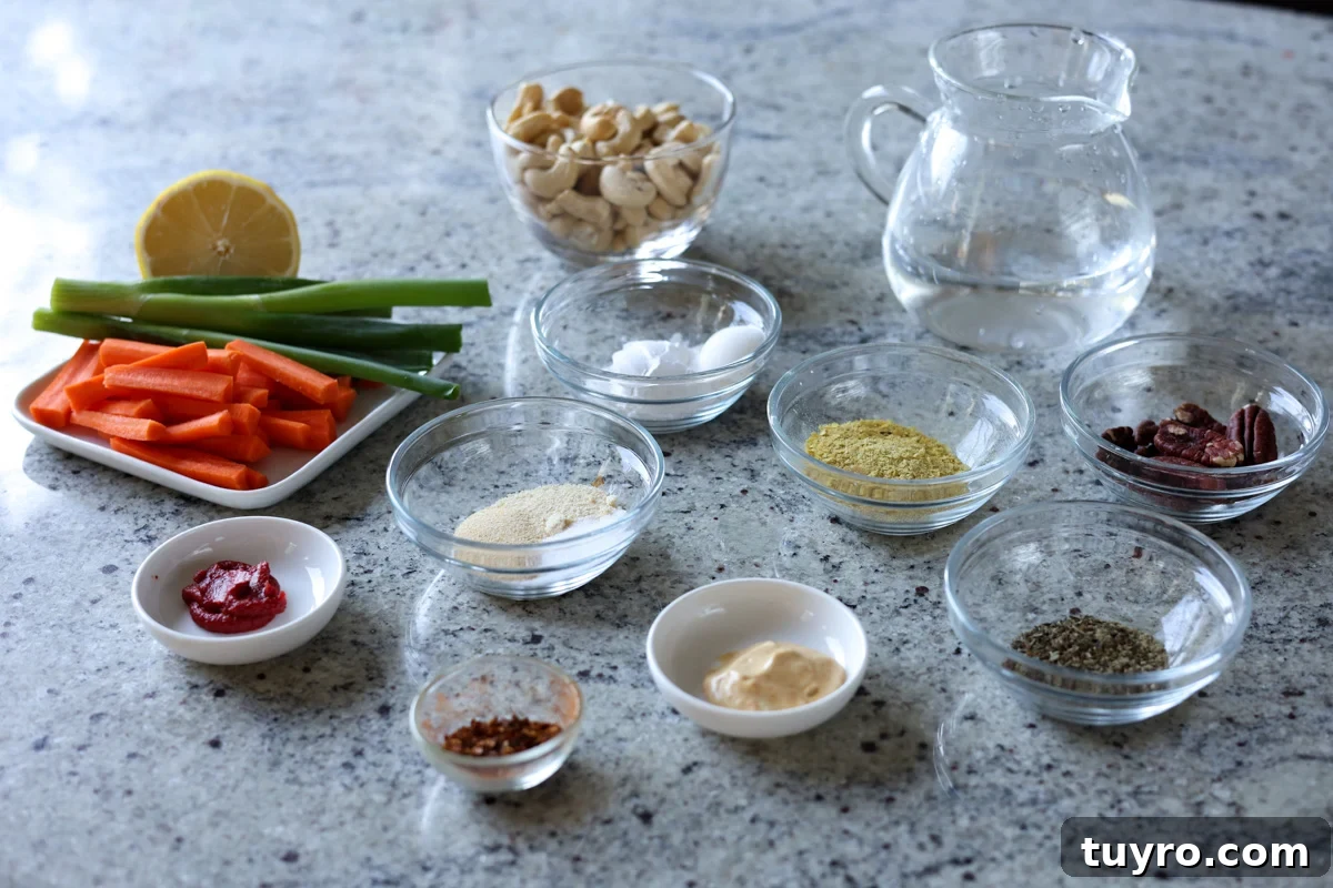 Festive Vegan Cheese Log Recipe for Holiday Parties 5 holiday cheese log ingredients on the counter