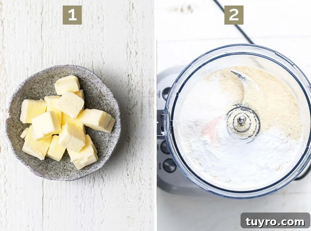 Flaky Almond Flour Pie Crust Recipe for Perfect Pastries 5 Step 1 shows cutting the butter in cubes and freezing it. Step 2 shows mixing together the almond flour, arrowroot, coconut flour and salt.