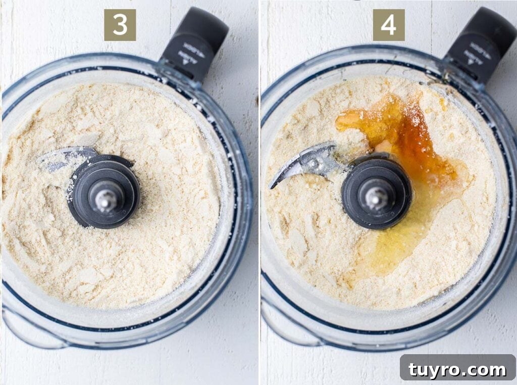Flaky Almond Flour Pie Crust Recipe for Perfect Pastries 6 Step 3 shows adding the butter into the food processor and pulsing to mix it up to a cornmeal texture, and step 4 shows adding the egg white and honey.