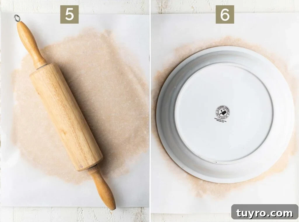 Flaky Almond Flour Pie Crust Recipe for Perfect Pastries 7 Step 5 shows rolling out the pie dough between parchment and step 6 shows measuring it to make sure it's large enough to fit your pie plate.