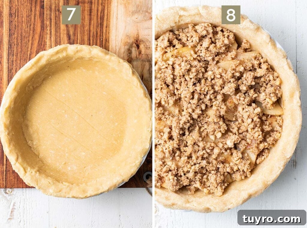 Flaky Almond Flour Pie Crust Recipe for Perfect Pastries 8 Step 7 shows pressing the crust into a pie plate, and step 8 shows adding your pie filling.