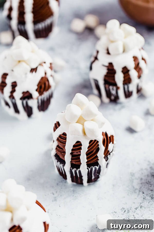 Marshmallow drip and mini marshmallows hot chocolate cupcakes with mini marshmallows