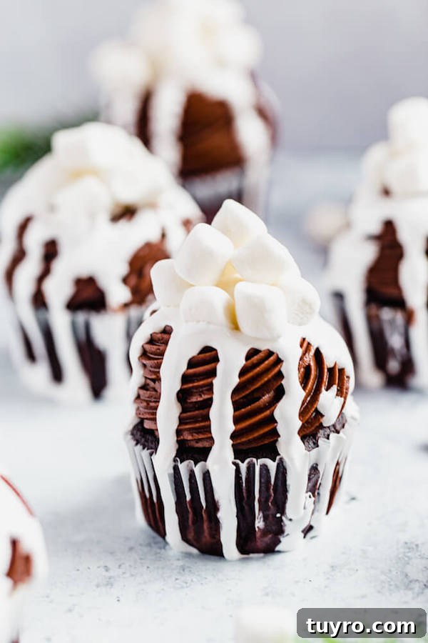Hot Chocolate Cupcakes with marshmallow drip front shot of hot chocolate cupcakes with marshmallow drip