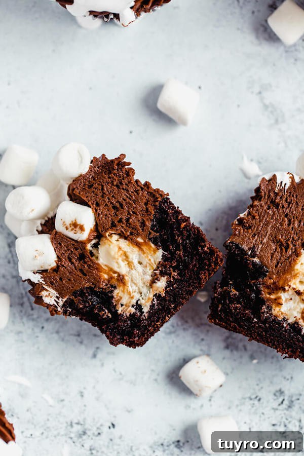 Hot Chocolate Cupcake cut in half showing marshmallow filling hot chocolate cupcake cut in half with marshmallow filling