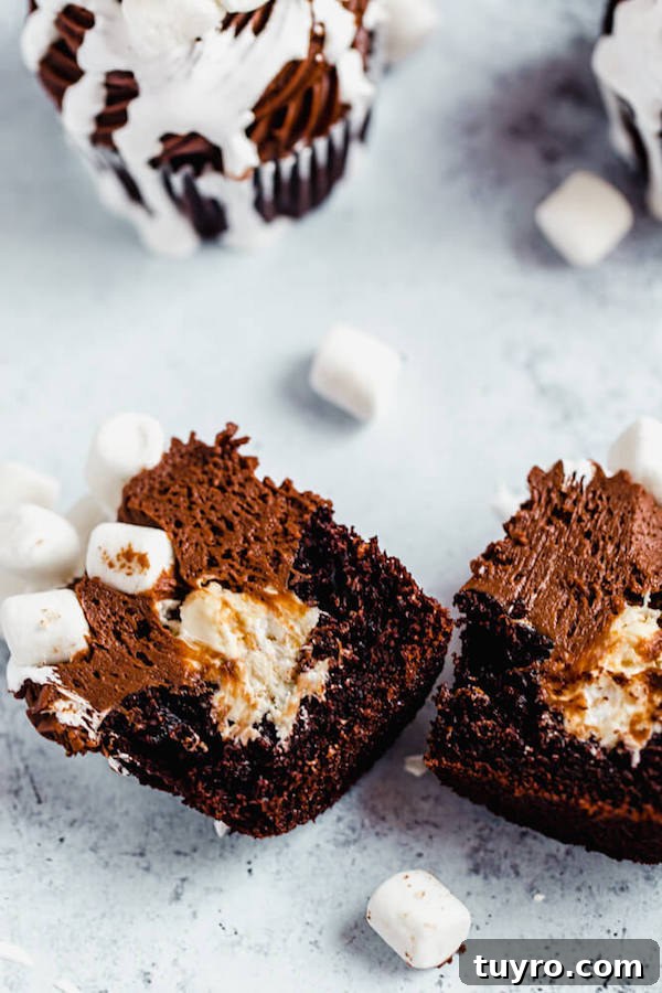 Marshmallow filling inside cupcake hot chocolate cupcake cut in half with marshmallow filling