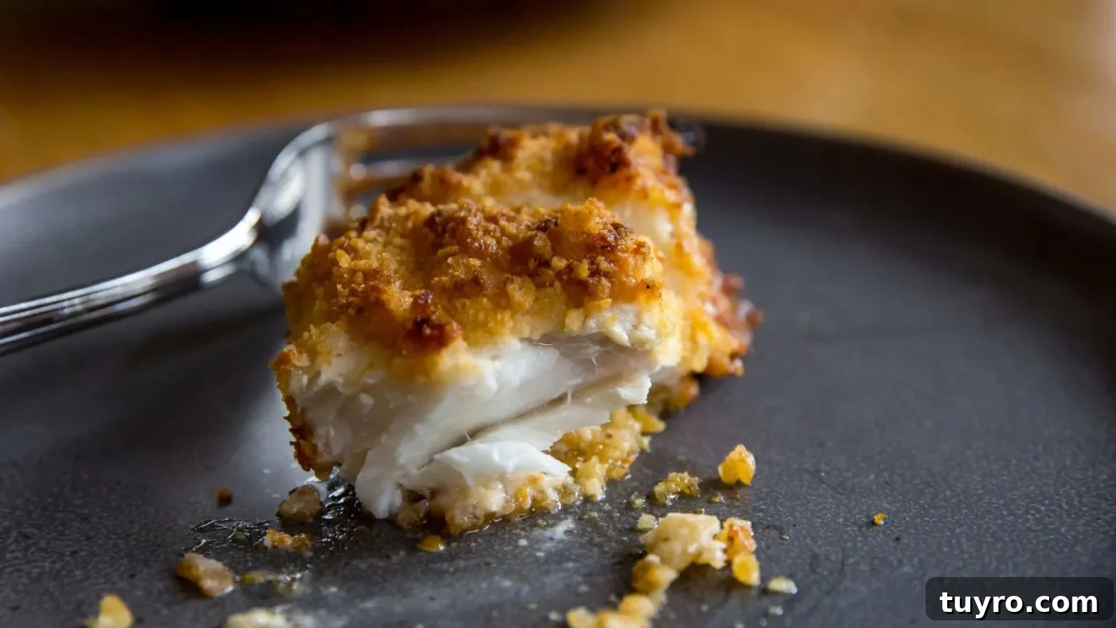 A piece of breaded and baked fish sits on a dark plate with some crumbs and a fork beside it.