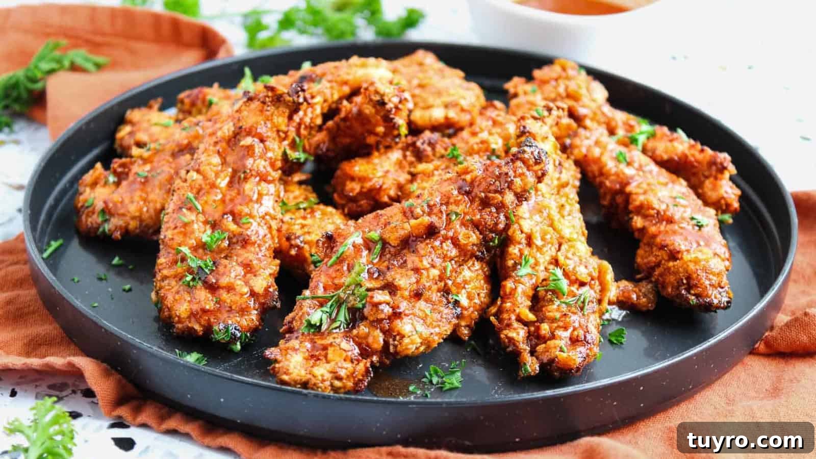 Air fryer hot honey chicken tenders with a sticky, spicy glaze.