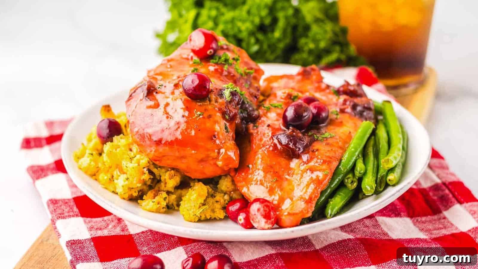 Glazed chicken breasts with cranberries, green beans, and stuffing on a white plate, garnished with parsley.