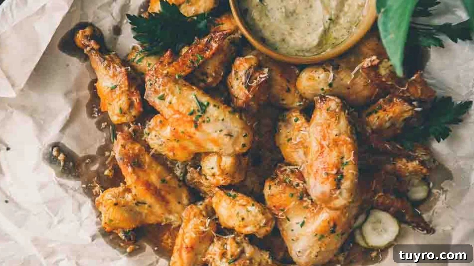 Air fryer garlic parmesan wings with a savory, crispy coating.
