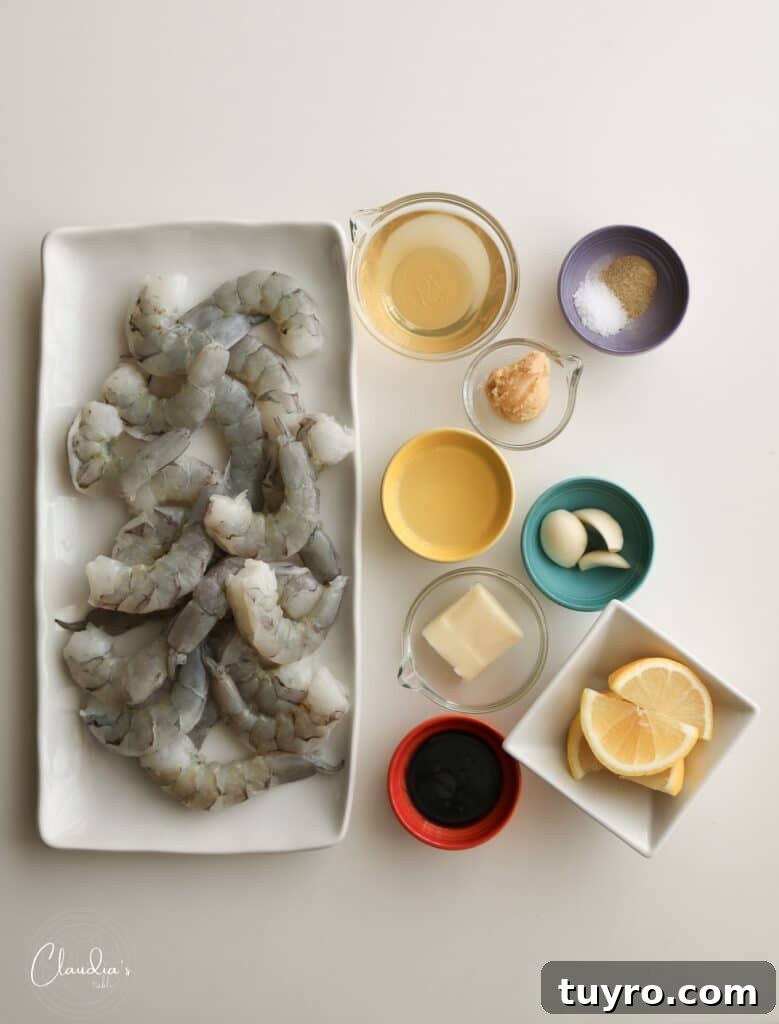 Miso Butter Shrimp Recipe: Savory Glazed Shrimp in 20 Minutes 3 miso butter shrimp ingredients on white background