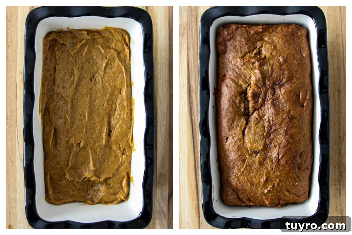 Gluten Free Pumpkin Bread Recipe 8 Two baking pans side by side, one with unbaked batter, one with baked loaf.