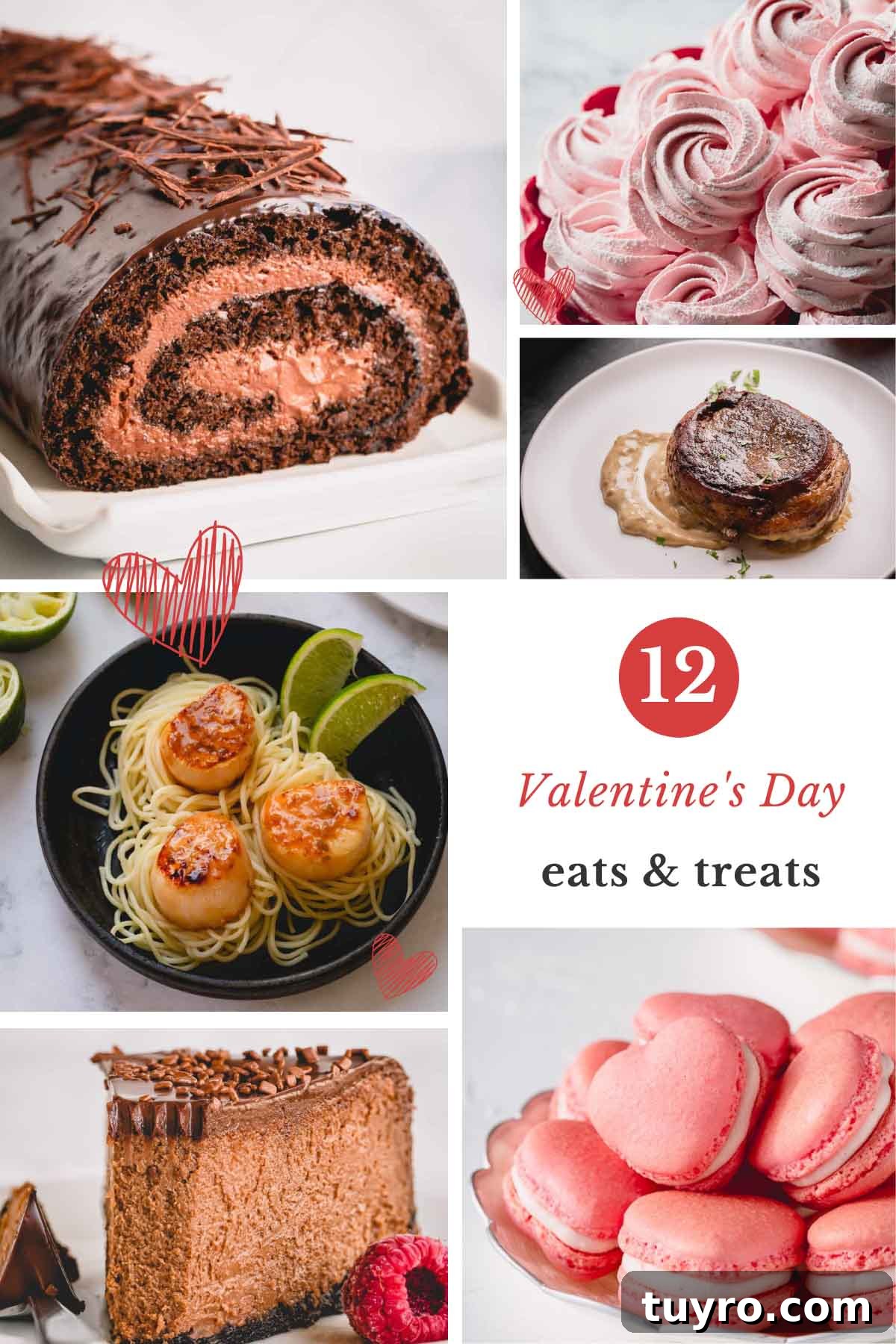 Valentine's Day Recipes: 12 Fun, Delicious Ideas for Date Night 2 A collage of 6 images of Valentine's Day menu.