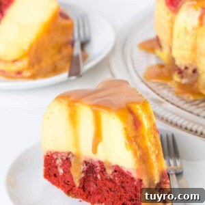 Red velvet flan cake slice.