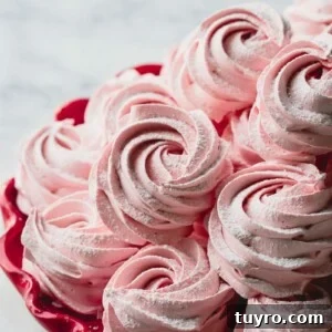Pink rosette marshmallows stacked on a red plate.