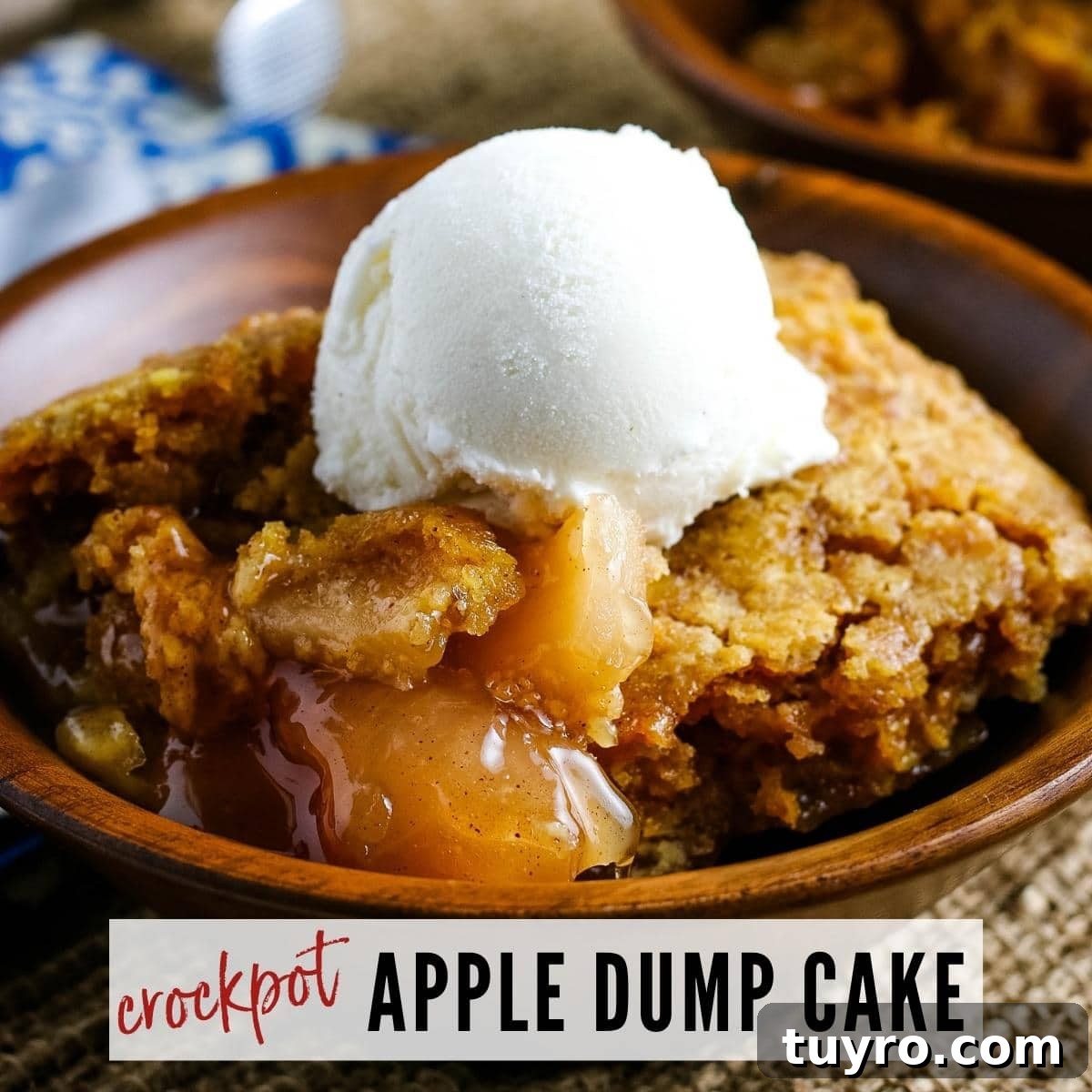 Slow Cooker Apple Dump Cake Recipe for Fall Desserts 2 front view of crockpot apple dump cake in a bowl with a scoop of vanilla ice cream