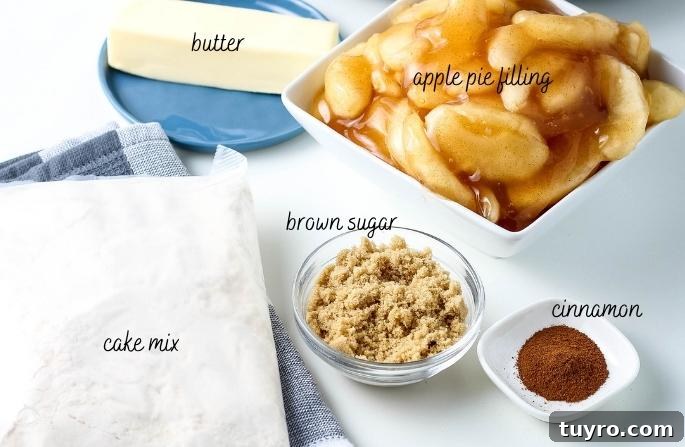 Slow Cooker Apple Dump Cake Recipe for Fall Desserts 3 all ingredients for crockpot apple dump cake on a white counter