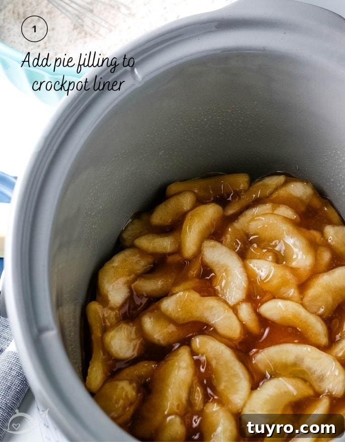 Slow Cooker Apple Dump Cake Recipe for Fall Desserts 4 top view of apple pie filling in a crockpot