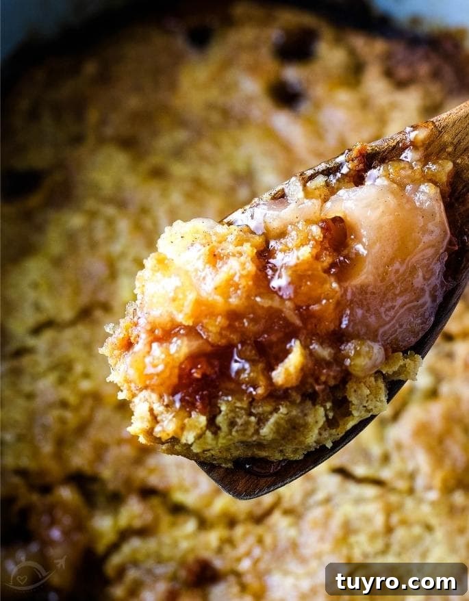 Slow Cooker Apple Dump Cake Recipe for Fall Desserts 9 apple dump cake on a spoon with the rest in the background
