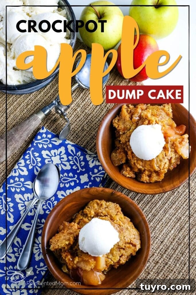 Slow Cooker Apple Dump Cake Recipe for Fall Desserts 10 top view of crockpot apple dump cake topped with a scoop of ice cream