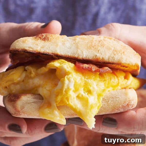 Oven-Baked Eggs: Simple Methods for Perfect Results 11 Katie Workman holding a homemade NYC-style Bacon, Egg and Cheese Sandwich.