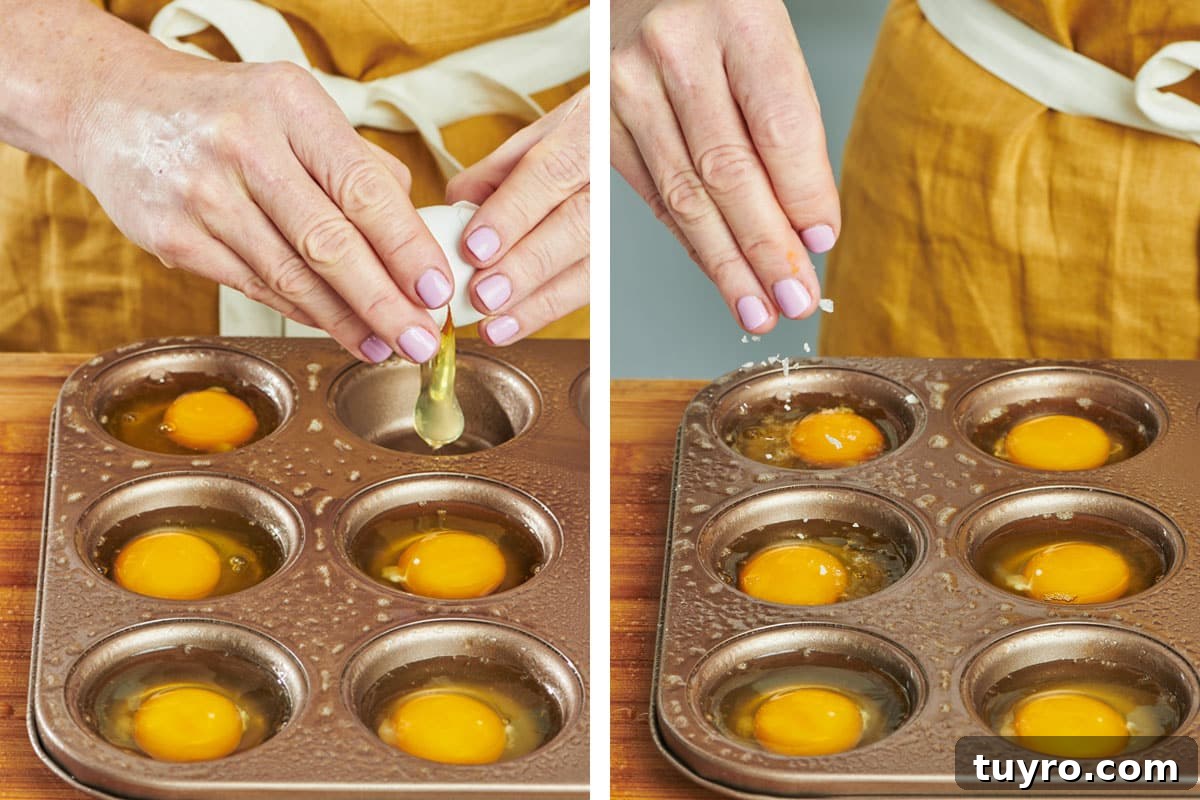Oven-Baked Eggs: Simple Methods for Perfect Results 4 Cracking and seasoning raw eggs in muffin tins for baking.