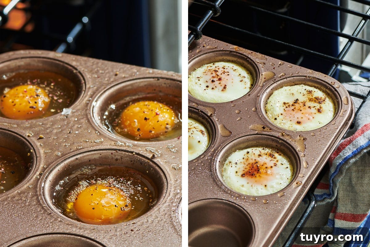 Oven-Baked Eggs: Simple Methods for Perfect Results 5 Raw and baked eggs in muffin tins in the oven.