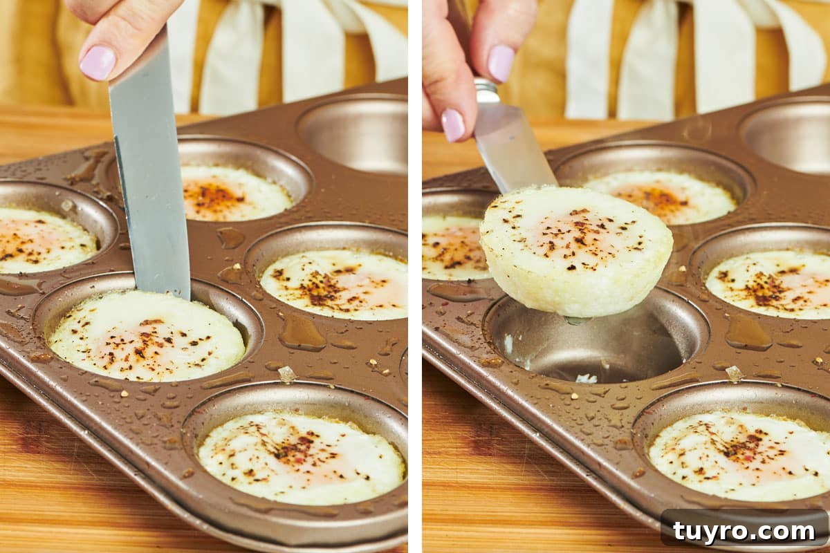 Oven-Baked Eggs: Simple Methods for Perfect Results 6 Woman removing baked eggs from muffin tin with knife.