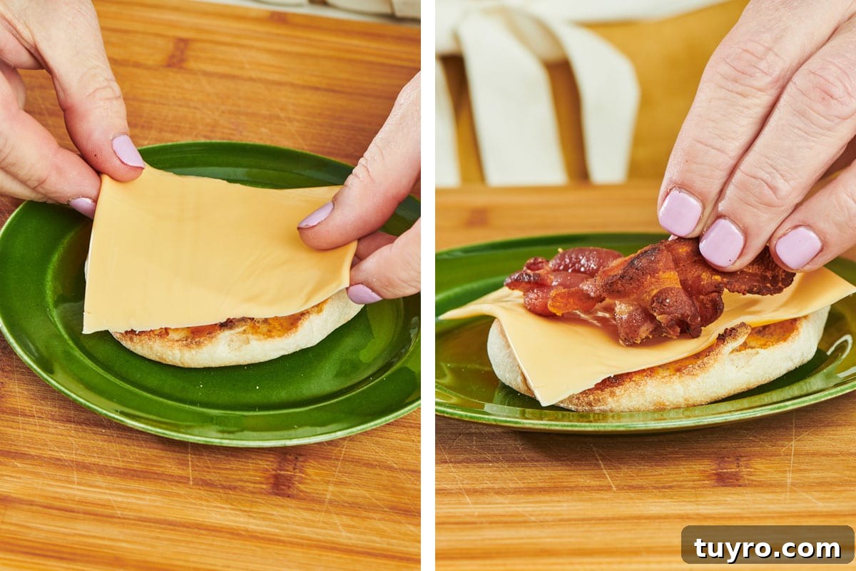 Oven-Baked Eggs: Simple Methods for Perfect Results 8 Woman topping toasted English muffin with cheese and bacon for breakfast sandwich.