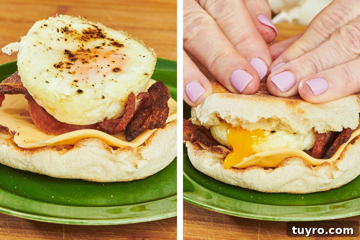 Oven-Baked Eggs: Simple Methods for Perfect Results 9 Topping breakfast sandwich with oven-baked egg and toasted English muffin.