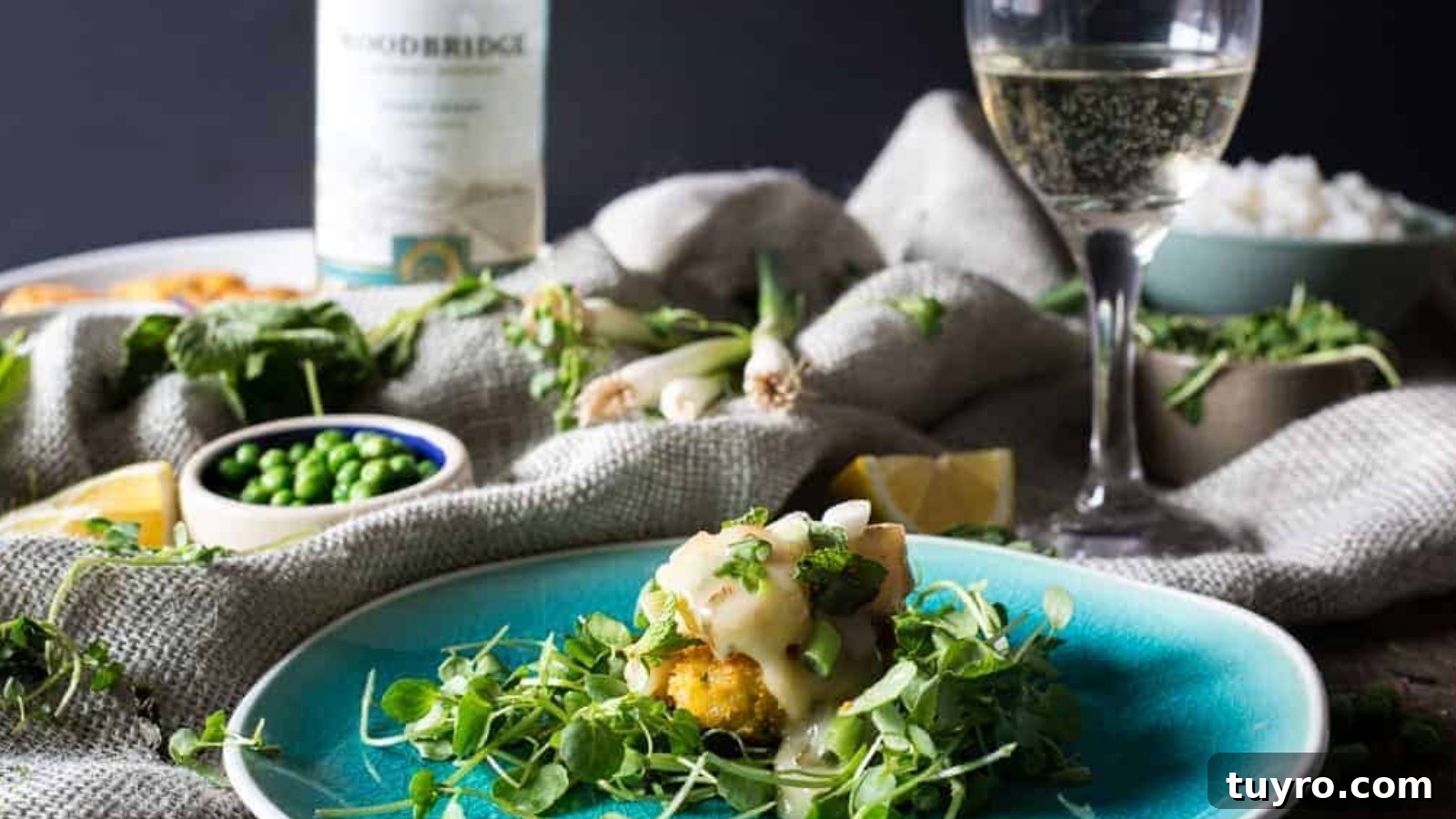 Grilled scallops with a lemon, mint, and Pinot Grigio sauce.