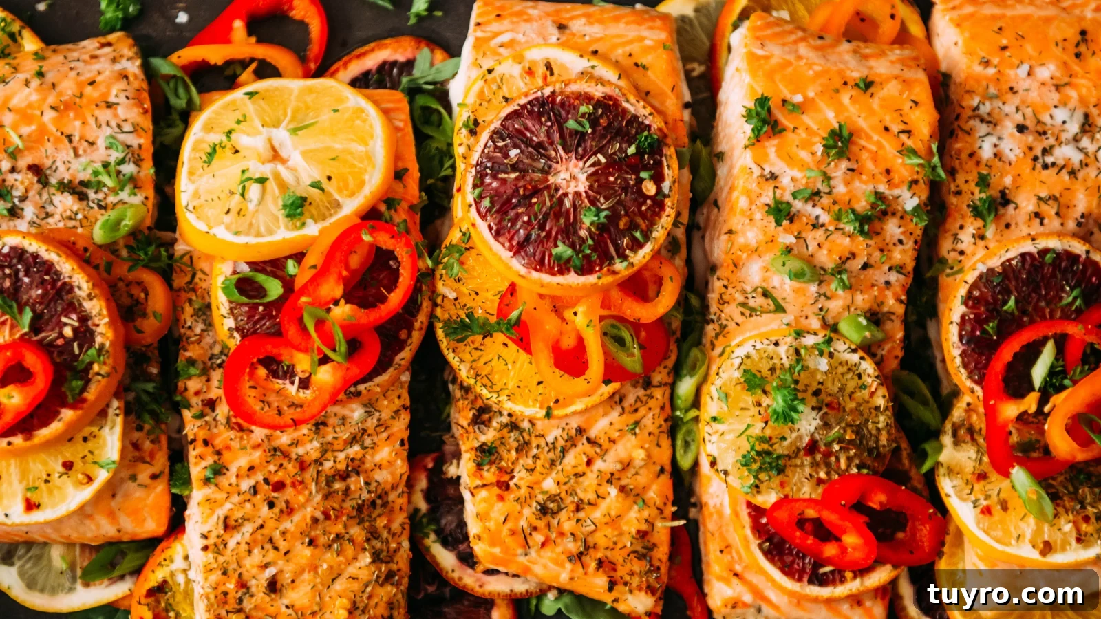 Baked citrus salmon roasted with lemon slices and herbs.