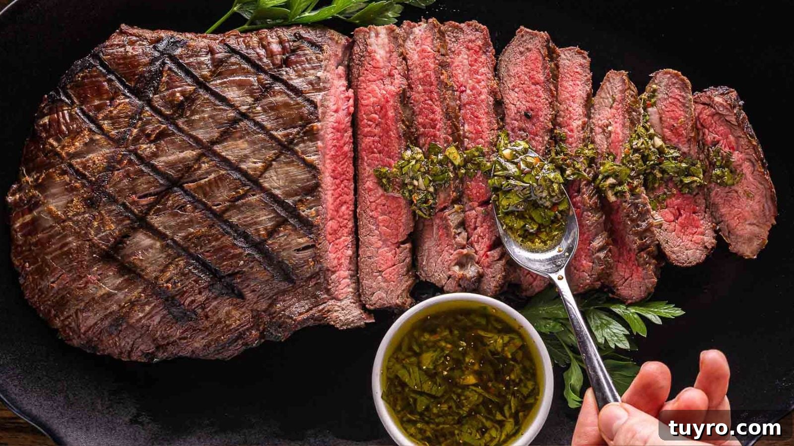 Sliced grilled steak drizzled with bright green chimichurri sauce on a wooden cutting board.