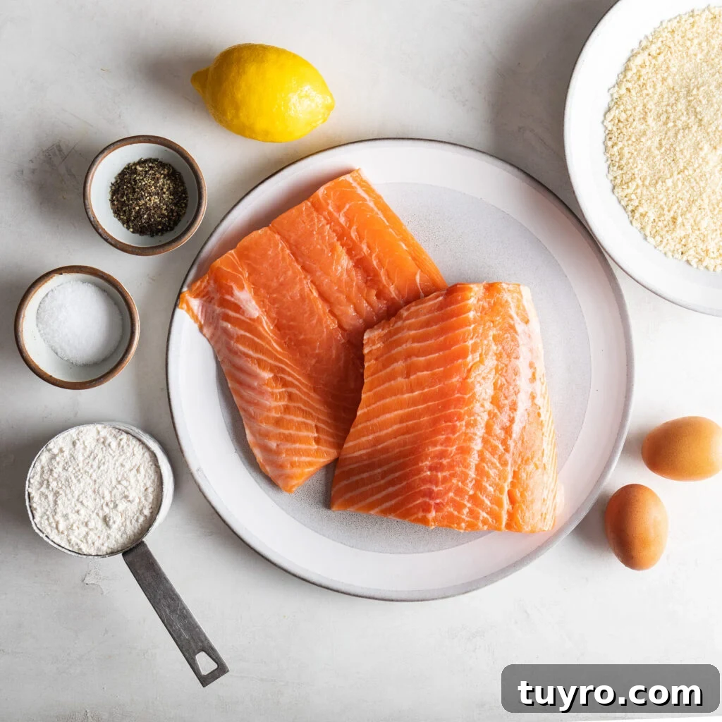 salmon fish sticks ingredients. fresh atlantic salmon, two eggs, all purpose flour, panko bread crumbs, one lemon, salt and pepper