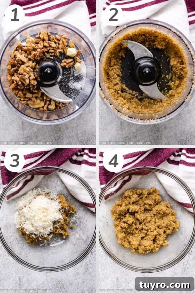 Collage style photo showing how to make walnut pesto.