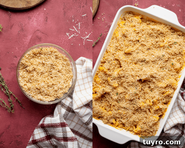 Side-by-side image of mixing panko topping ingredients in small bowl then adding on top of mac and cheese in baking dish.