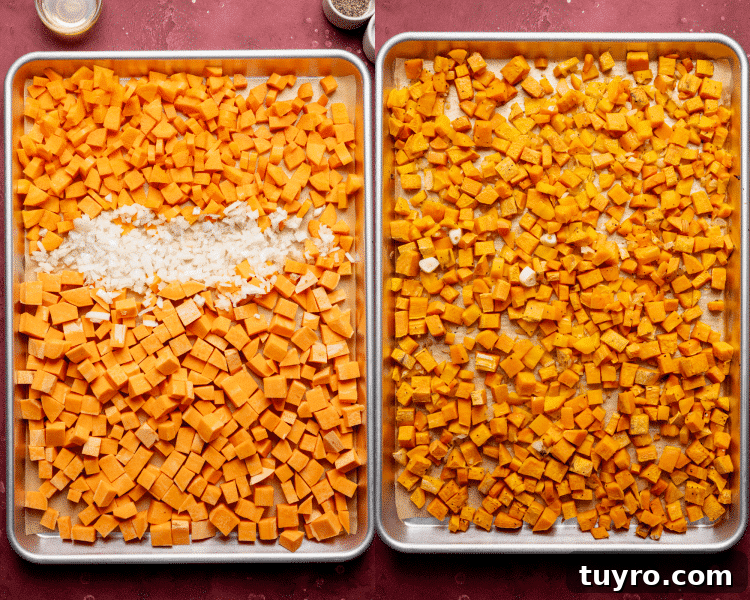 Side-by-side image of adding chopped veggies to baking sheet then roasting until soft.